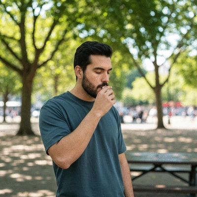 Lifestyle shot of a person discreetly using CBD gum in an outdoor setting