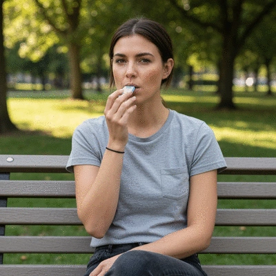 Person discreetly chewing CBD gum in a public setting