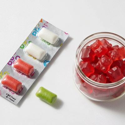 Side-by-side comparison of CBD gum and CBD gummies, emphasizing different forms and consumption methods, no text, no words, no typography, 8K