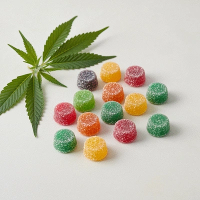 Assortment of colorful CBD gummies on a clean, light background with a few green leaves, no text, no words, no typography, 8K, natural lighting