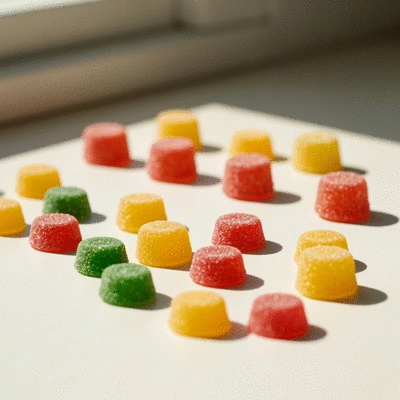 Assortment of colorful CBD gummies on a clean, light background, no text, no words, no typography, clean image