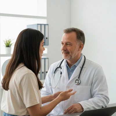 Person consulting with a healthcare provider about CBD, in a professional, modern setting, no text, no words, no typography, 8K, natural lighting