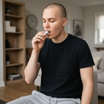 Person discreetly chewing CBD gum in a modern, casual setting, showing convenience and ease of use, natural lighting, high resolution, no text, no words, no typography, no labels, clean image