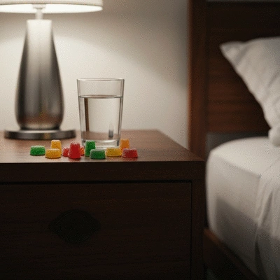 Assortment of colorful CBD gummies on a nightstand next to a glass of water, serene bedroom background