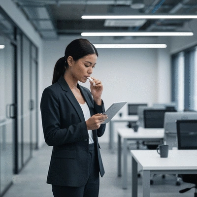 Person discreetly chewing CBD gum in a modern office setting