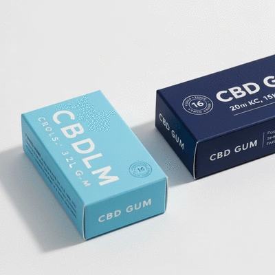Close-up of CBD gum packaging, showcasing product variations