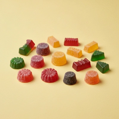 Assortment of vibrant full-spectrum CBD gummies on a clean, light background, no text, no words, no typography, 8K