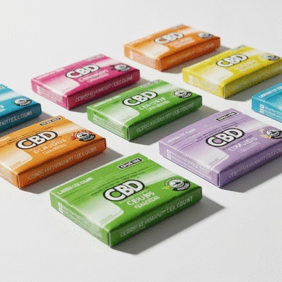 Assortment of CBD gum packages in various flavors on a clean white background