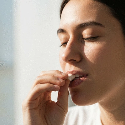 Person chewing CBD gum with a serene expression, focus on the gum and subtle background, no text, no words, no typography, 8K