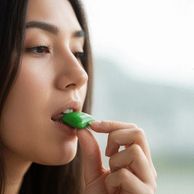 Close-up of CBD gum being chewed, showing fresh taste and quick absorption