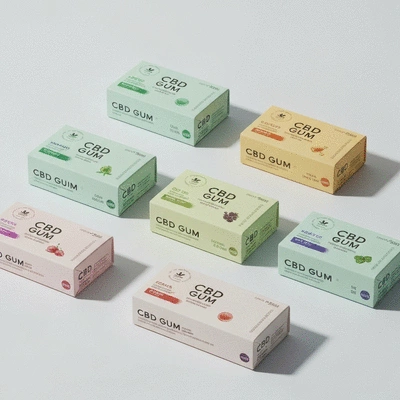 Assortment of CBD gum packaging with various flavors