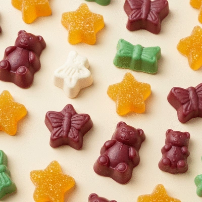 Assortment of CBD gummies in different shapes and colors