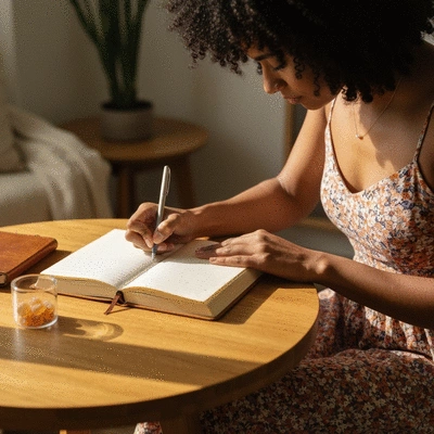 Person writing in a journal with CBD gummies on a table