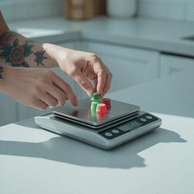 Person carefully weighing CBD gummies on a digital scale for accurate dosage