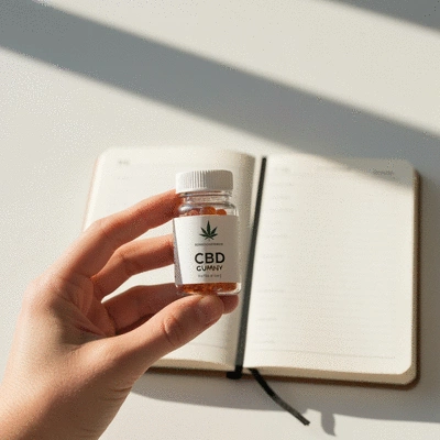 Hand holding a small bottle of CBD gummies, with a focus on responsible dosing and a journal in the background