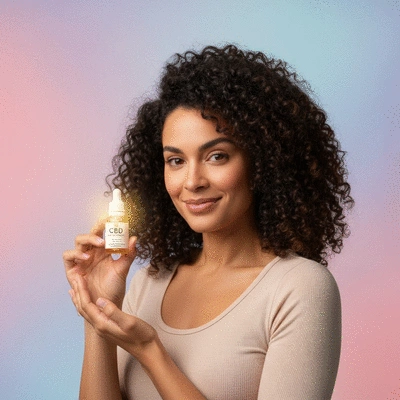 Person holding a CBD product with scientific diagrams in the background representing absorption, no text, no words, no typography, 8K