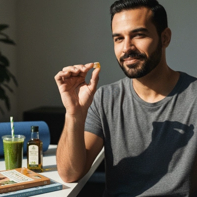 Person holding a CBD gummy with a blurred background of healthy lifestyle elements