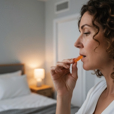Person taking CBD gummy before bed in a relaxing bedroom environment