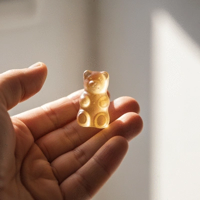 Person holding a CBD gummy, focus on the gummy