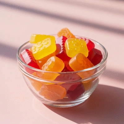 Assortment of colorful CBD gummies in a bowl, suggesting wellness and natural health benefits