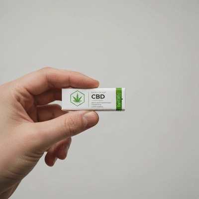 Close-up of a hand holding a piece of CBD gum, clean packaging, soft natural light, no text, no words, no typography, 8K