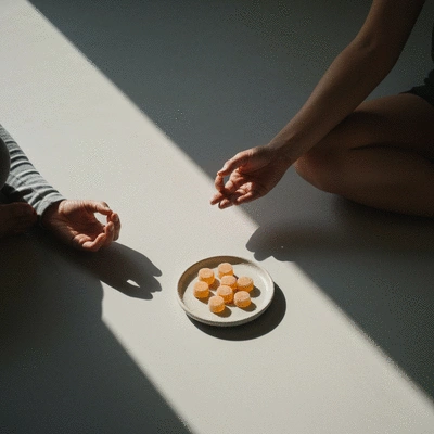 Person calmly meditating with CBD gummies nearby, no text, no words, no typography, clean image