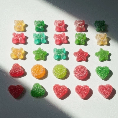 Assortment of colorful CBD gummies on a clean background