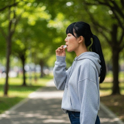 Person discreetly chewing CBD gum outdoors