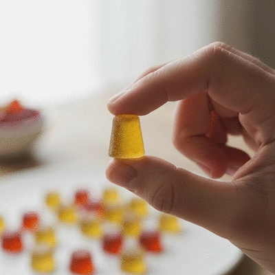 Person holding a CBD gummy, focus on hand and gummy