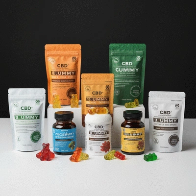 Variety of CBD gummy products on a clean display, showcasing different packaging and forms