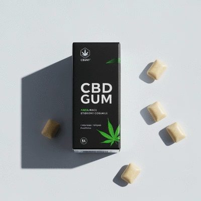 CBD gum pack with a few pieces on a clean background