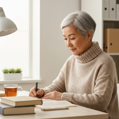 Person experiencing mental clarity and focus, perhaps studying or working calmly, no text, no words, no typography, 8K