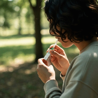 Person discreetly taking CBD gum from a pack in a natural, calm setting, no text, no words, no typography, clean image