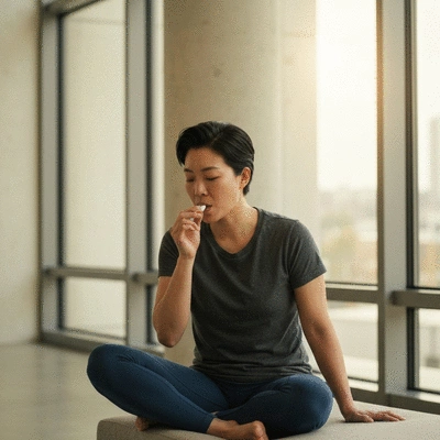 A person chewing CBD gum in a clean, modern setting, focusing on the health and wellness aspect, no text, no words, no typography, clean image