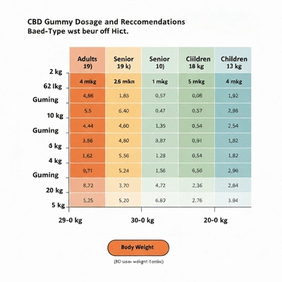 A visual chart illustrating CBD gummy dosage recommendations based on user type and body weight