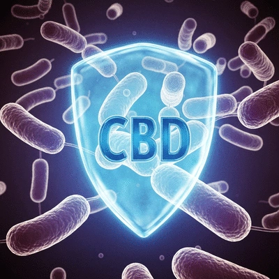 Microscopic image of oral bacteria being inhibited by a substance, representing CBD's antimicrobial effects, clean image