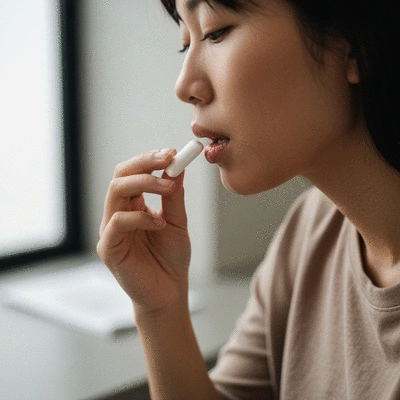 A person discreetly chewing CBD gum in a calm, modern setting, focus on the gum and hand, no text, no words, no typography, 8K