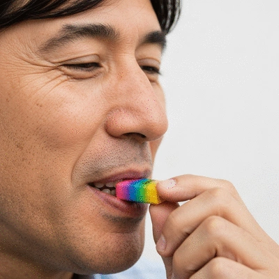 Close-up image of CBD gum being chewed, highlighting sublingual absorption