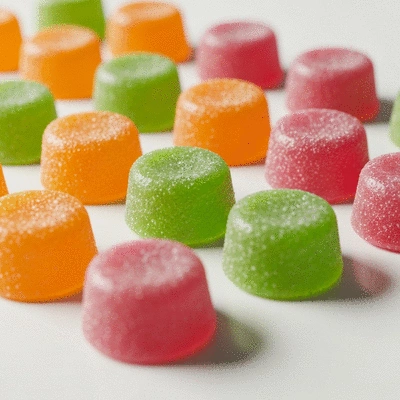 Assortment of colorful CBD gummies on a clean background