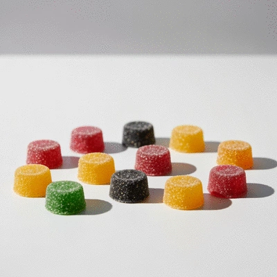 Assortment of colorful CBD gummies on a clean, light background, with a subtle focus on wellness and natural ingredients