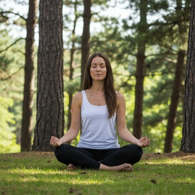Person meditating in a serene environment, calm expression, natural light, no text, no words, no typography