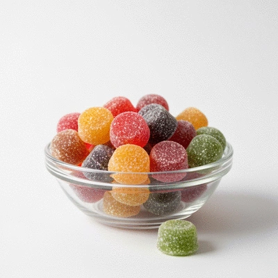 Assorted CBD gummies in a bowl, focus on vibrant colors and appealing texture, clean background
