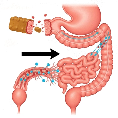 Illustration of CBD gummies being digested in the stomach and absorbed into the bloodstream through the small intestine
